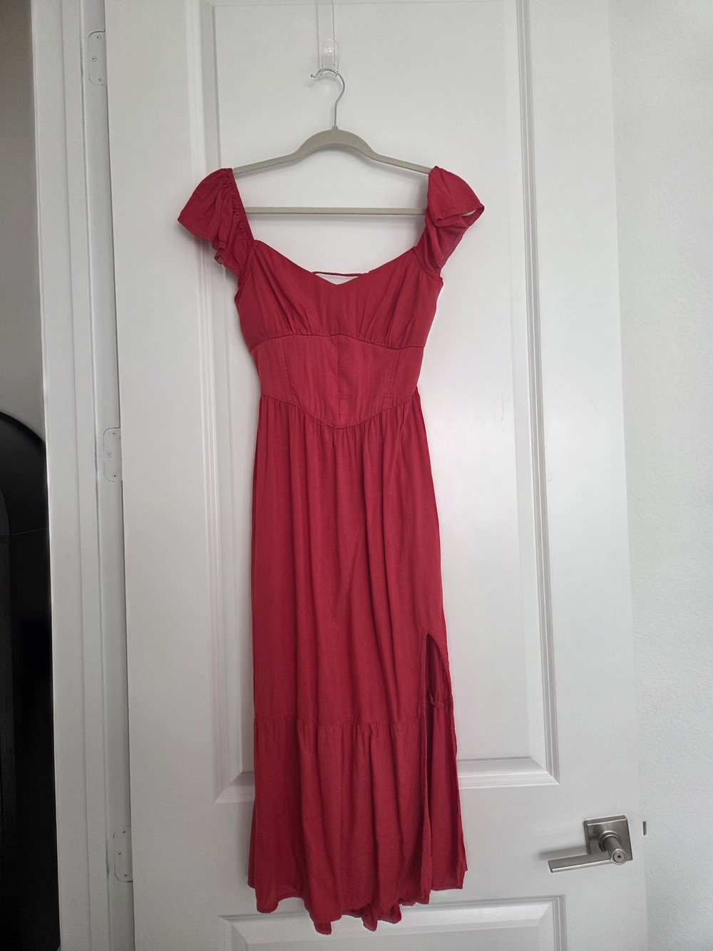 Hollister Red Puff-Sleeve Maxi Dress with Side Slit
